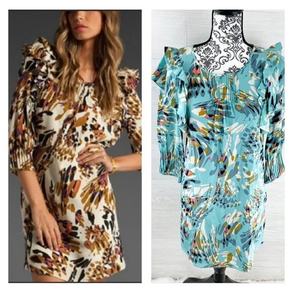 Tibi Alea Splatter Floral Ruffle Silk Midi Dress - Picture 1 of 10